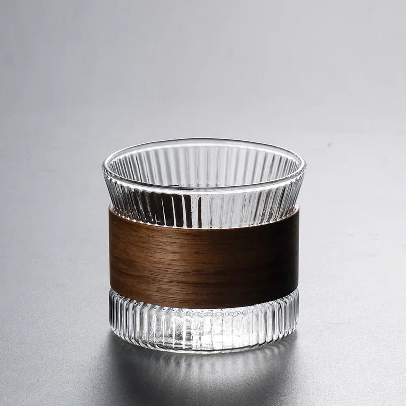 DecorBites™ Japanese Glass Tea Cup Set with Walnut Sleeve - High Quality Transparent Drinkware