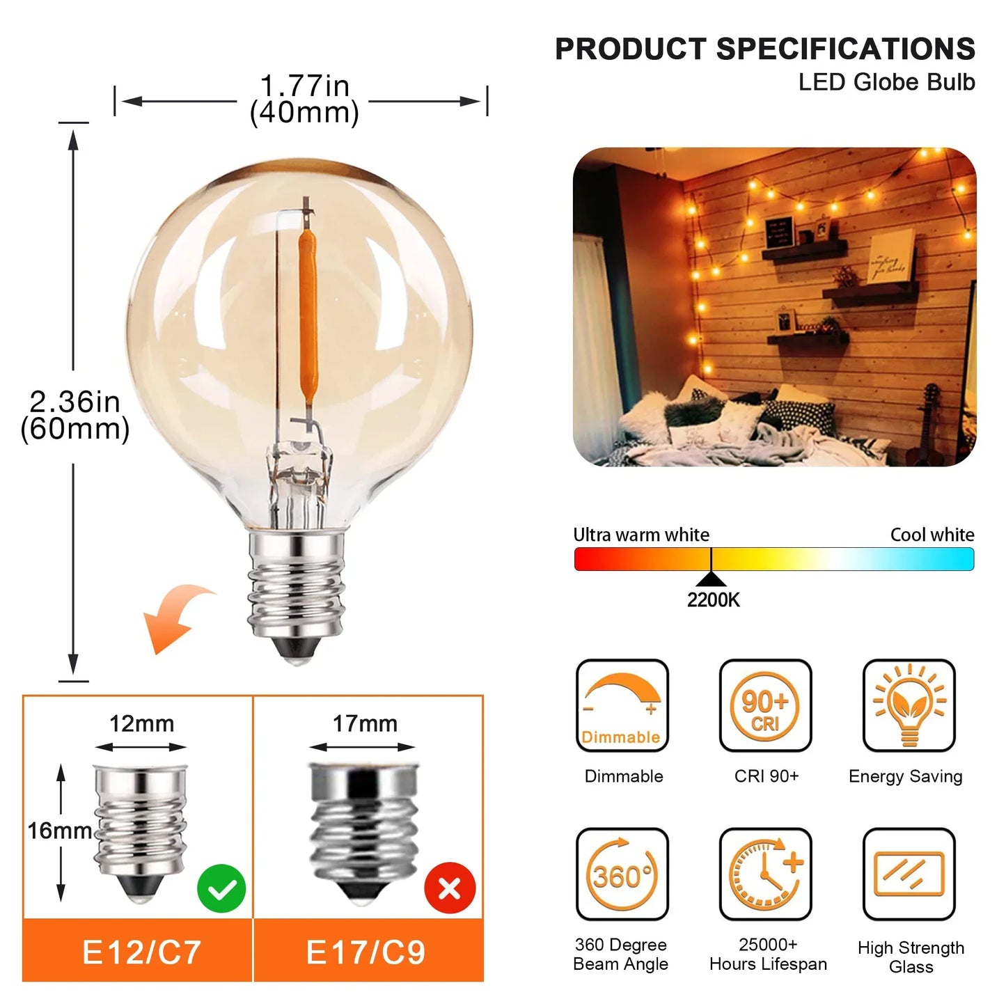 DecorBites™ 25 قطعة من مصابيح سلسلة LED G40 لمبة E12 برغي أبيض دافئ 2200 كلفن زجاج كهرماني