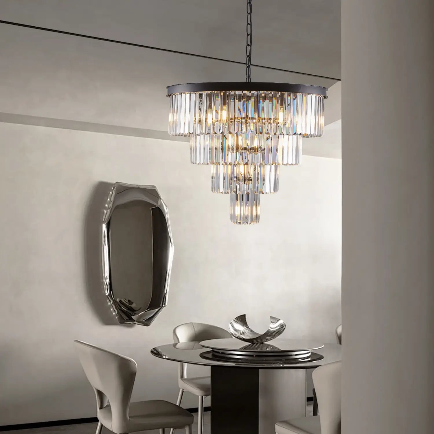 DecorBites™ Modern 4-Tier Black Crystal Chandelier
