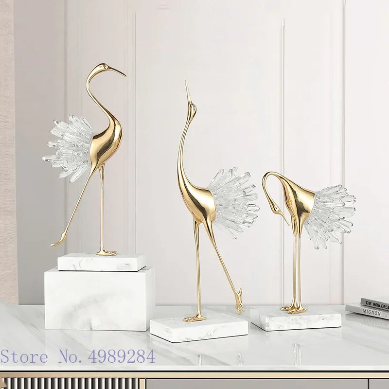 Estatua de artesanía para decoración del hogar DecorBites™ Grulla, pájaro dorado, ágata, mármol y cristal