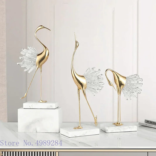 Estatua de artesanía para decoración del hogar DecorBites™ Grulla, pájaro dorado, ágata, mármol y cristal