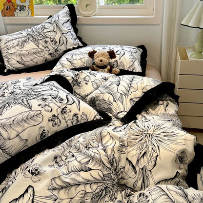 DecorBites™ Korean Black White Hepburn Style Bedding Set with Lace Fitted Sheet Set