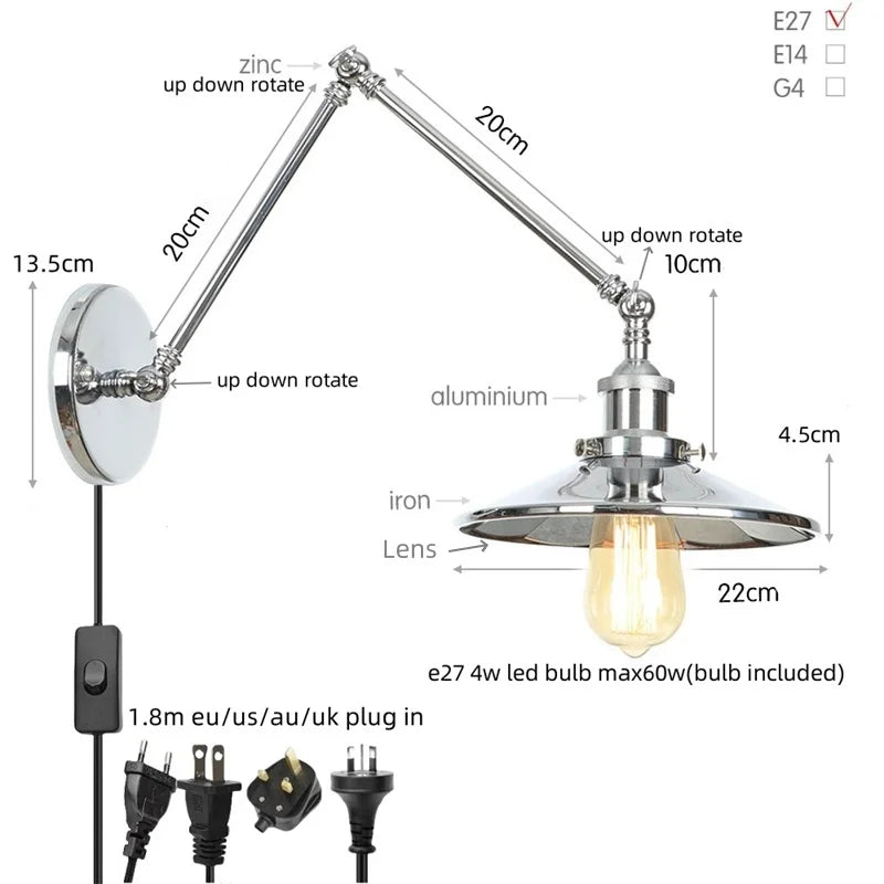 Decorbites™ Industrielle Linse Vintage-Loft-LED-Wandleuchte mit Schwingarmen und Zugschalter