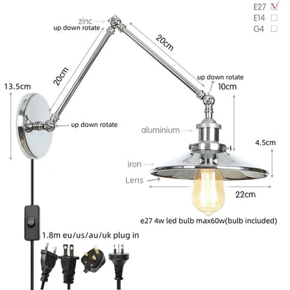 Decorbites™ Industrielle Linse Vintage-Loft-LED-Wandleuchte mit Schwingarmen und Zugschalter