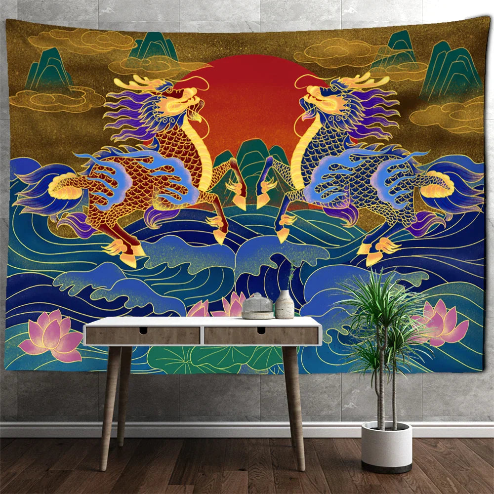 Decobites Golden Dragon Totem Carving Tapestry: Mysterious Psychedelic Wall Hanging