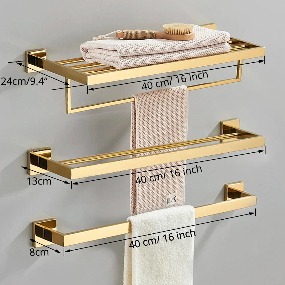 DecorBites™ Gold Bathroom Hardware Set: Hook, Towel Rail, Bar, Shelf, Tissue Holder & More