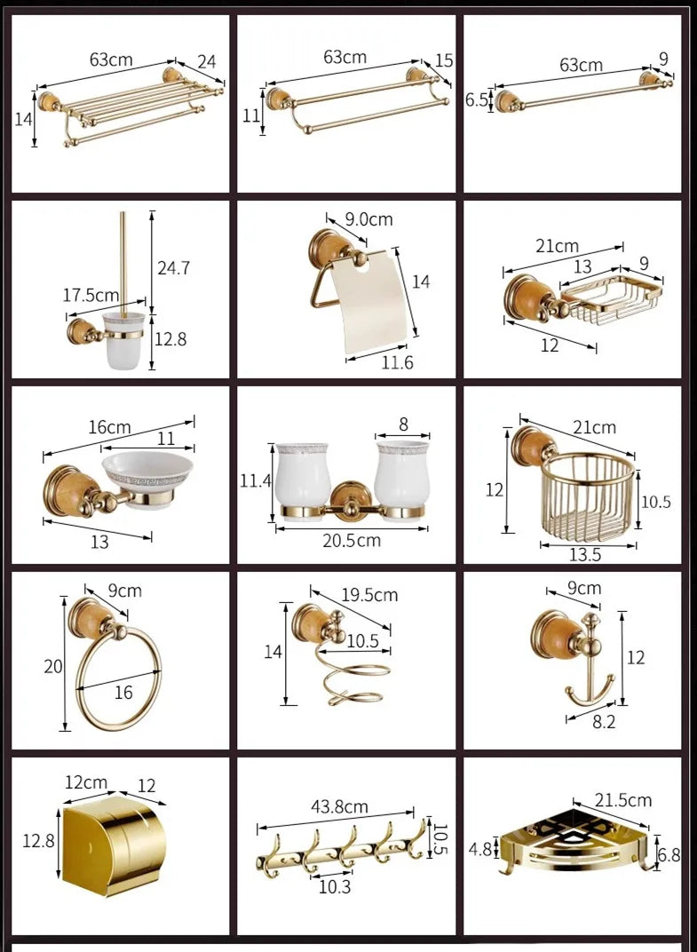 DecorBites™ Brass Jade Bathroom Accessories Set: Towel Bar, Soap Holder, Towel Rack, Glass Shelf