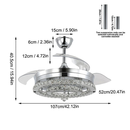 DecorBites™ Crystal Fan Chandelier LED Light Retractable Blades Dimmable Remote Modern Home Decor