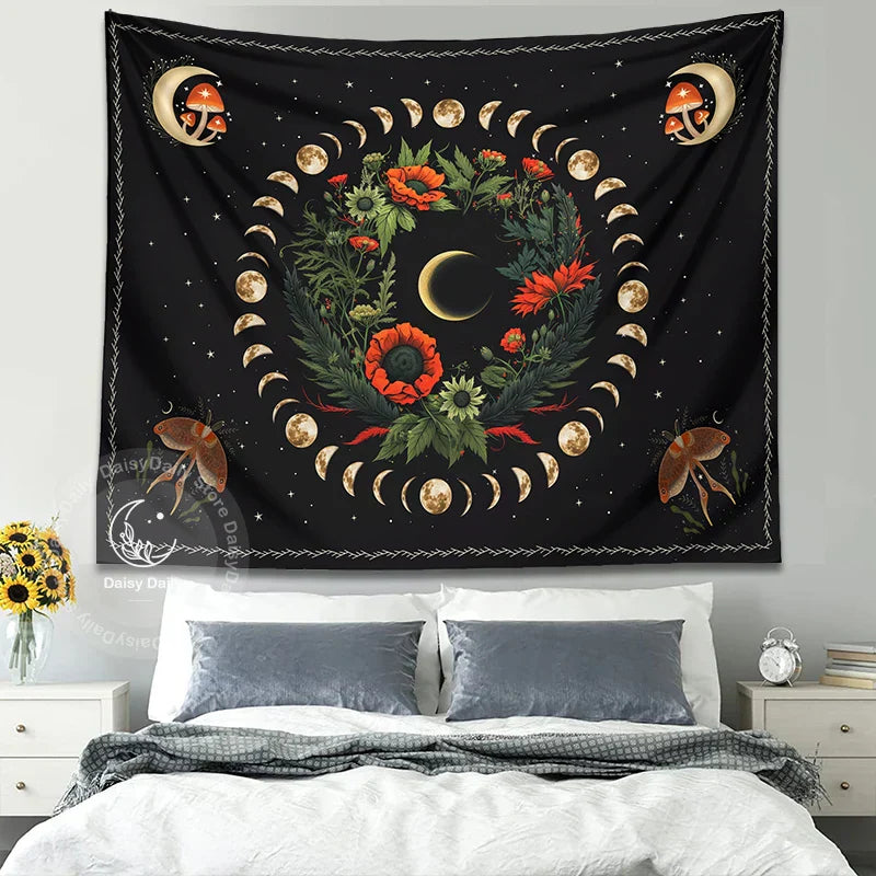 Decobites Moon Phase Flower Moth Tapestry: Psychedelic Floral Boho Wall Decor