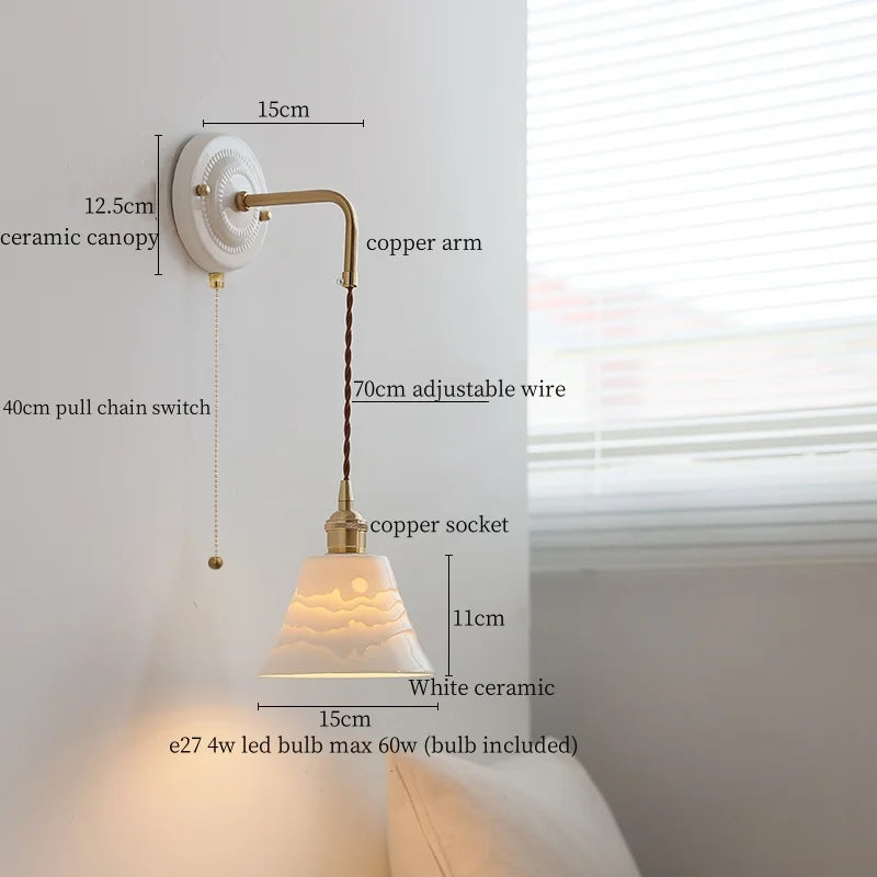 DecorBites™ Ceramic Wall Sconce with Copper Arm | Pull Chain Switch LED Bedroom Lamp
