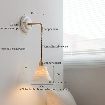 DecorBites™ Ceramic Wall Sconce with Copper Arm | Pull Chain Switch LED Bedroom Lamp