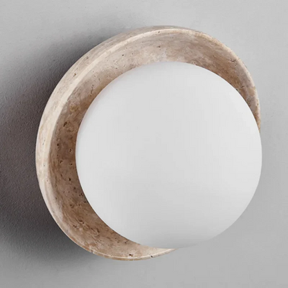 DecorBites™ LED Wall Light: Nordic Modern Design with White Glass & Yellow Travertine Wood