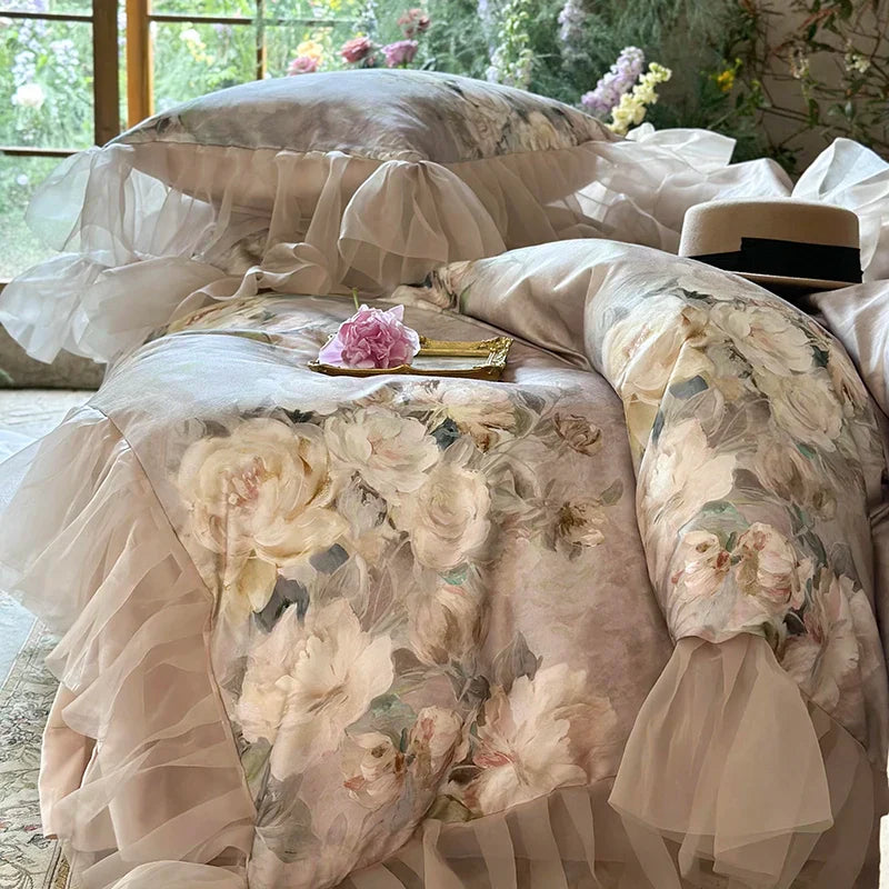 Decobites French Flowers Lace Ruffles Bedding Set with Silky Soft Lyocell Cotton