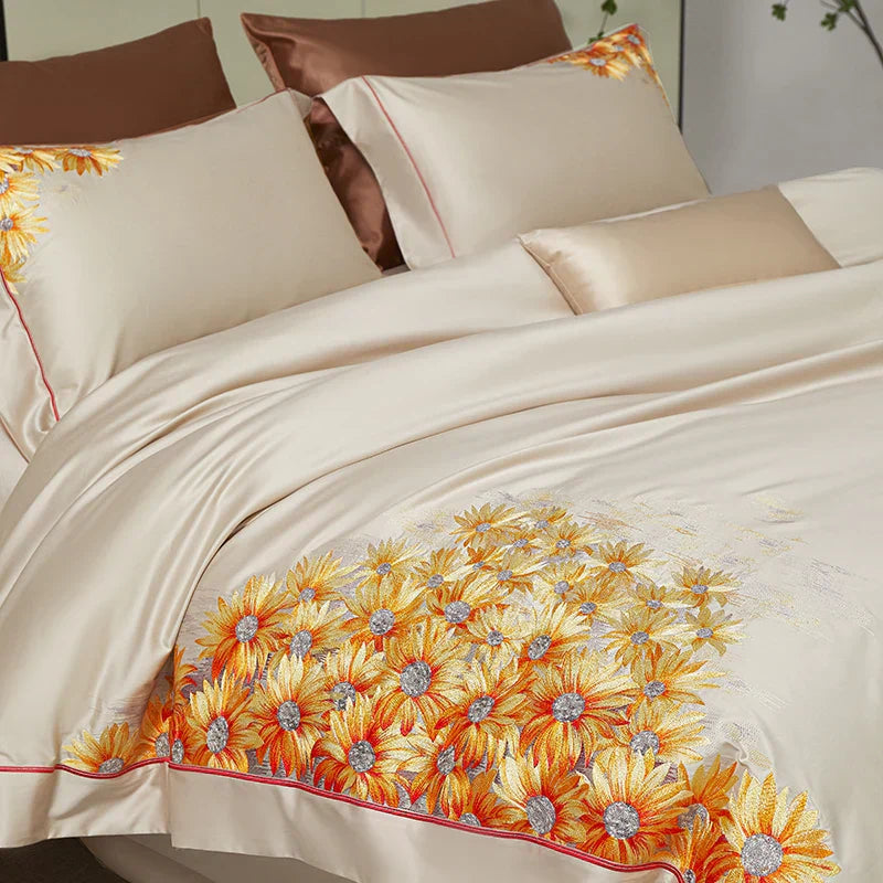 Decobites Sunflower Embroidery Bedding Set - Duvet Cover, Bed Sheet, Pillowcases Home Textiles