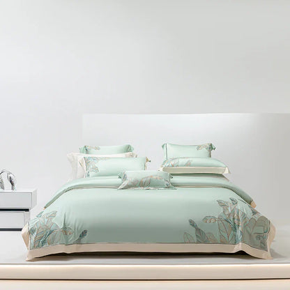 DecorBites™ Eucalyptus Lyocell Soft Silky Cool Bedding Set with Leaves Embroidery