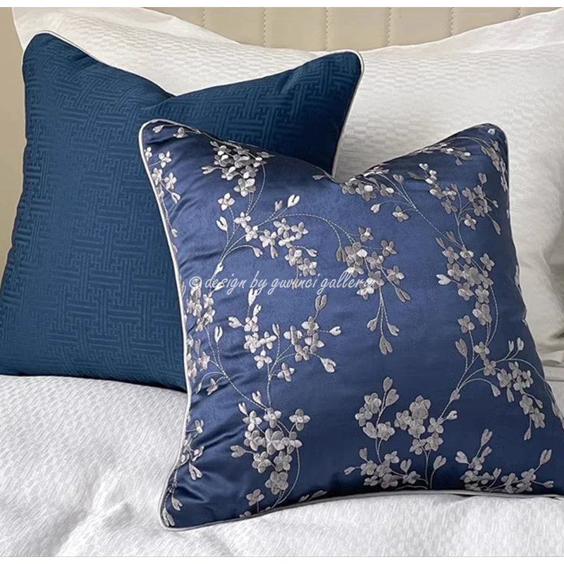 DecorBites™ Chinoiserie Blue Peony Floral Jacquard Cushion Cover - Oriental Art Decor for Sofa