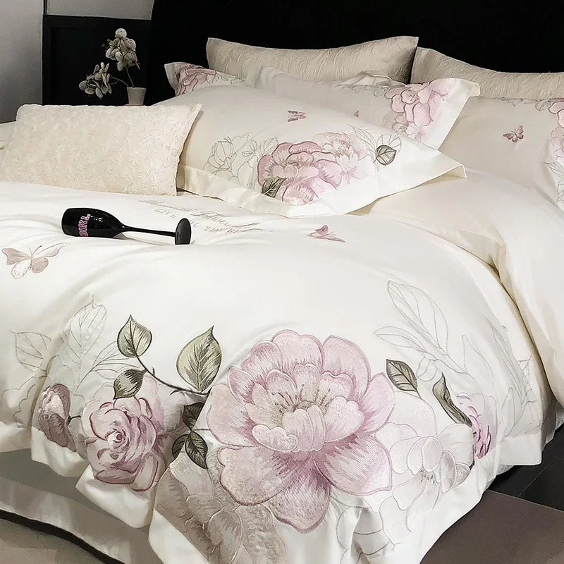 Decobites Butterfly Flowers Embroidery 600TC Egyptian Cotton Bedding Set: Duvet Cover, Bed Sheet, Pillowcases