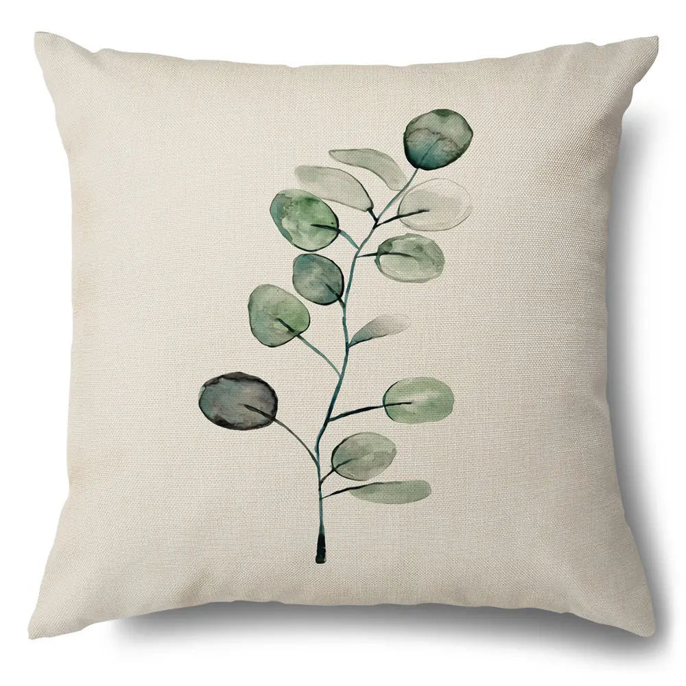 Funda de cojín decorativa DecorBites™ con diseño de hojas verdes - Funda de cojín para sofá de estilo sencillo en algodón y lino