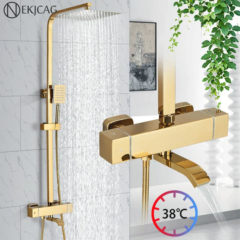 DecorBites™ Golden Thermostatic Shower Faucet Set with Rainfall Shower Column and 3-Way Mixer