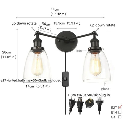 DecorBites™ Black LED Wall Sconce 2-Head Lamp for Bedroom Bathroom Mirror