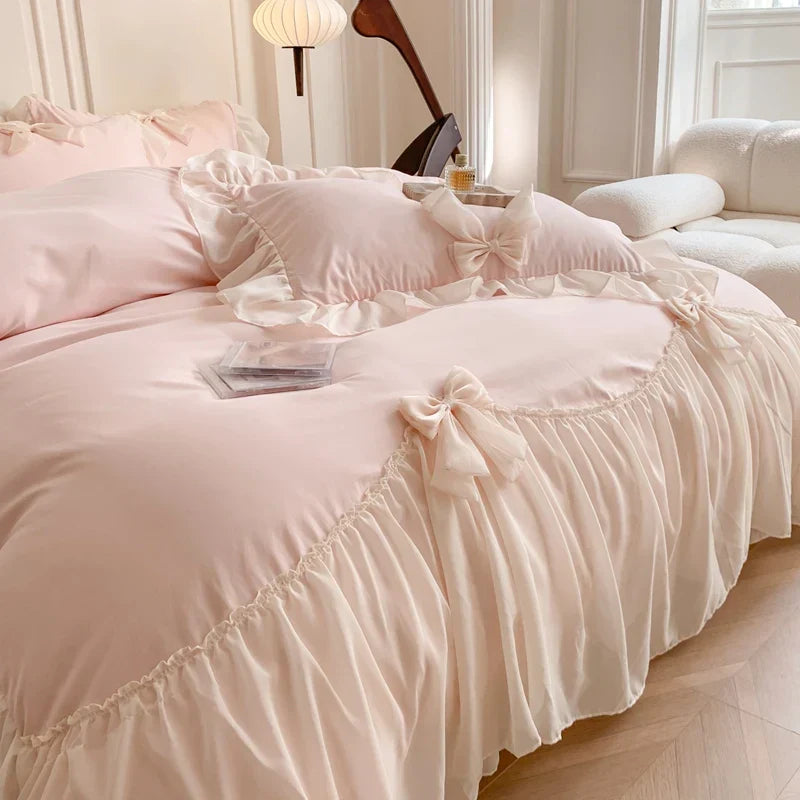 Decobites Pink French Princess Lace Ruffle Bow Bedding Set - Single Queen King