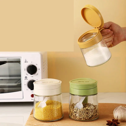 DecorBites™ Glass Seasoning Jar with Spoon, Flip-Top Salt Shaker Kitchen Set