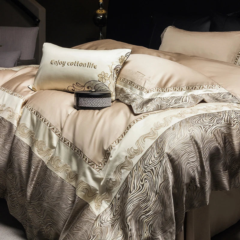 Decobites Luxury Jacquard Cotton Embroidery Bedding Set: 1 Duvet, 1 Sheet, 2 Pillowcases