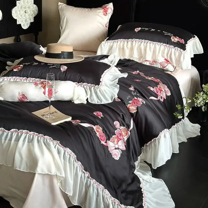 Decobites Floral Lace Princess Wedding Bedding Set with Lyocell Cotton Duvet Cover & Ruffles