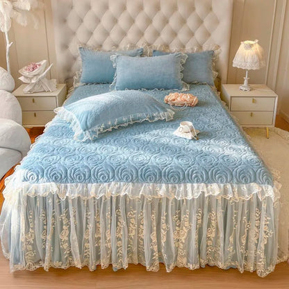 Decobites Lace Princess Bedding Set with Velvet Bed Skirt & Quilt Cover