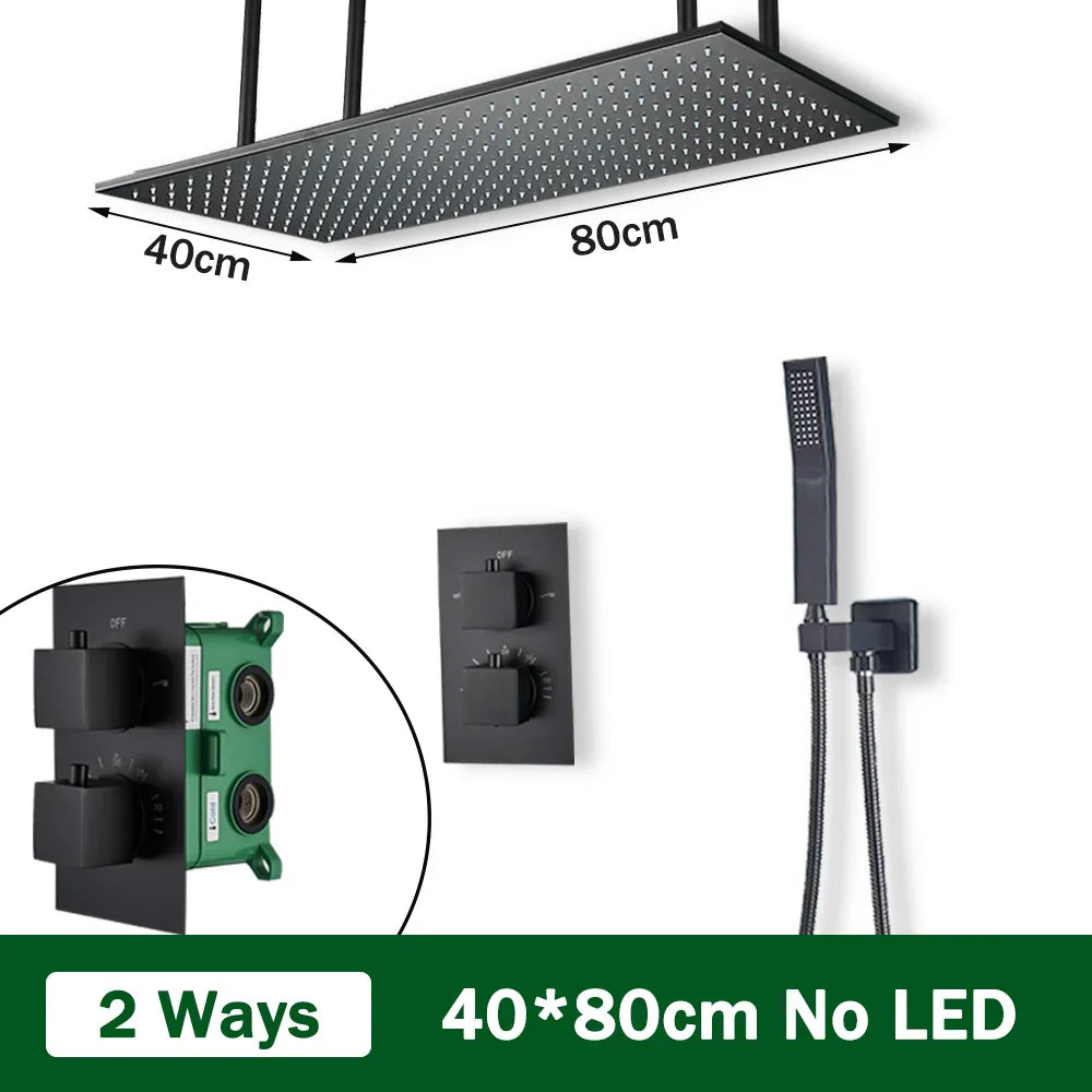 DecorBites™ Black Brass Thermostatic Shower Faucet with Ceiling Rainfall Shower Head