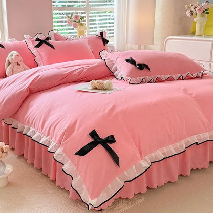 DecorBites™ Lace Bow Bed Skirt Bedding Set in Romantic Solid Color for King Queen Double Sizes
