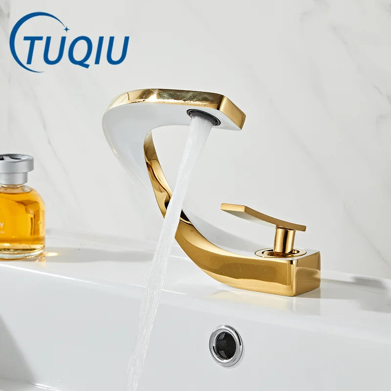 DecorBites™ Gold & White Bathroom Basin Faucet Deck Mounted Sink Tap, Brass with Rose Gold Accent