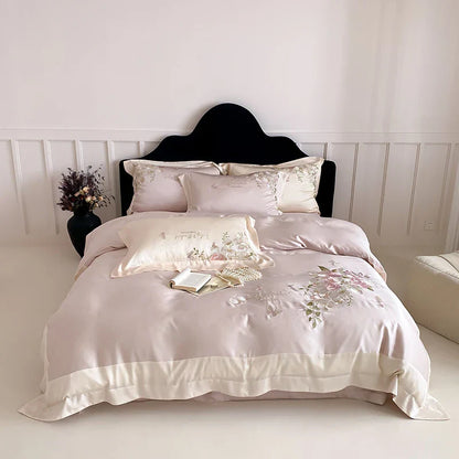 Decobites Butterfly Flowers Embroidery Bedding Set 800TC Soft Silky Duvet Cover Set