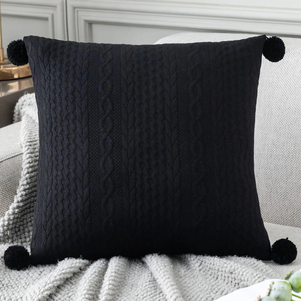 Funda de cojín de algodón con pompón de encaje Decorbites™, 50x50 cm, Bolas blancas, Funda suave para asiento, Decoración del hogar