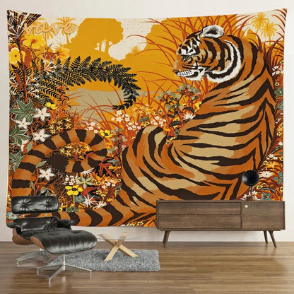 Decobites Psychedelic Tiger Tapestry Wall Hanging - Mysterious Flower Jungle Moon Landscape