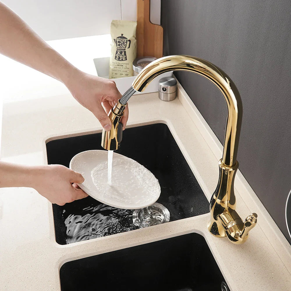 Grifo de Cocina Oro Decorbites™ Asa Única con Extracción y Giro Mezclador de Agua