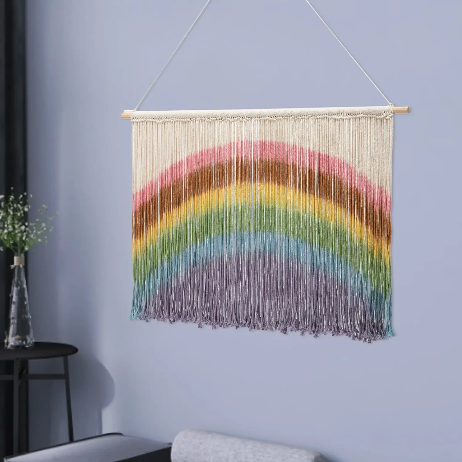 DecorBites™ Handmade Weaving Wall-mount Rainbow Macrame Decor Wall Hanging Colorful Tie-dyeing Tapestries w/Wood Stick