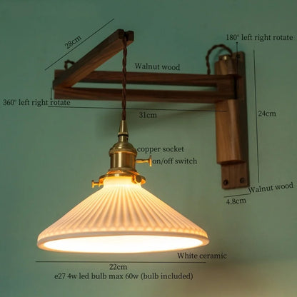 DecorBites™ Ceramic LED Wall Sconce Walnut Wood Copper Pull Chain Switch Light