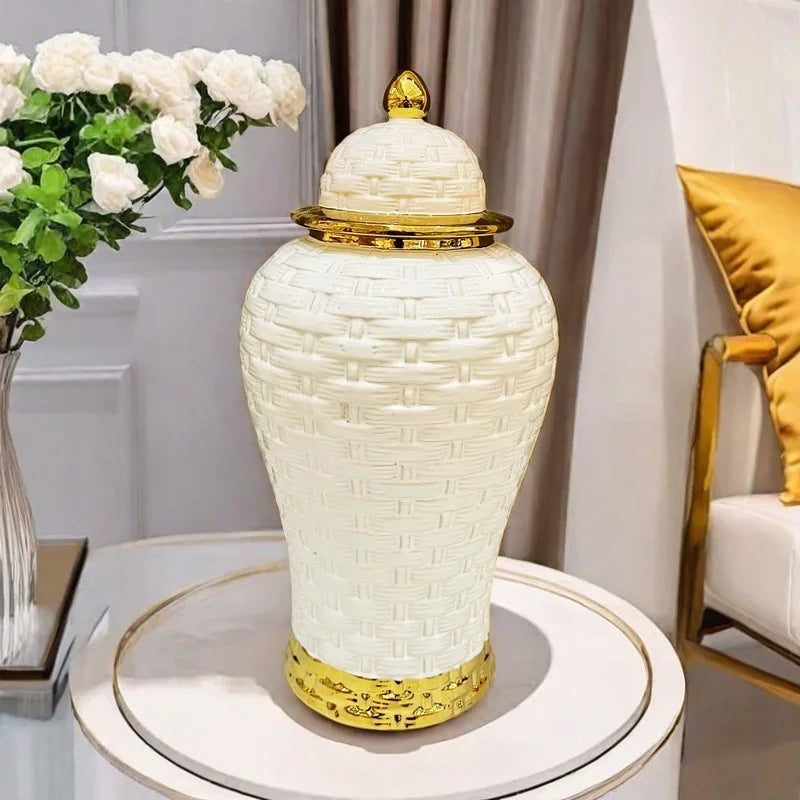 DecorBites™ Golden Flower Vase Ceramic Checkmate Jar Weave Pattern Home Decoration Accessories