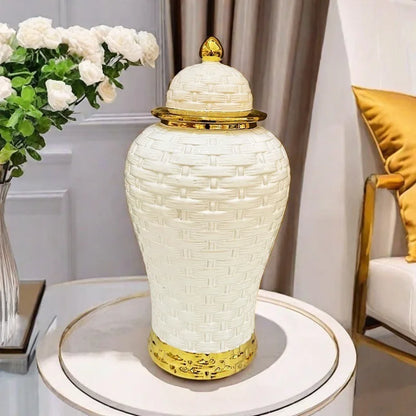 DecorBites™ Golden Flower Vase Ceramic Checkmate Jar Weave Pattern Home Decoration Accessories