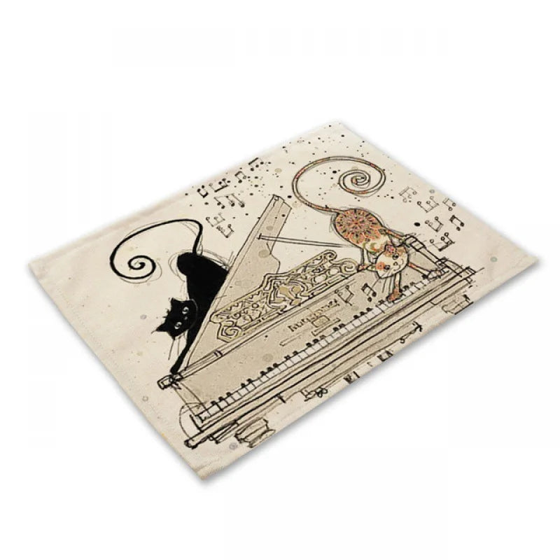 DecorBites™ Black Cat Linen Placemat Set for Dining Table & Kitchen Decor