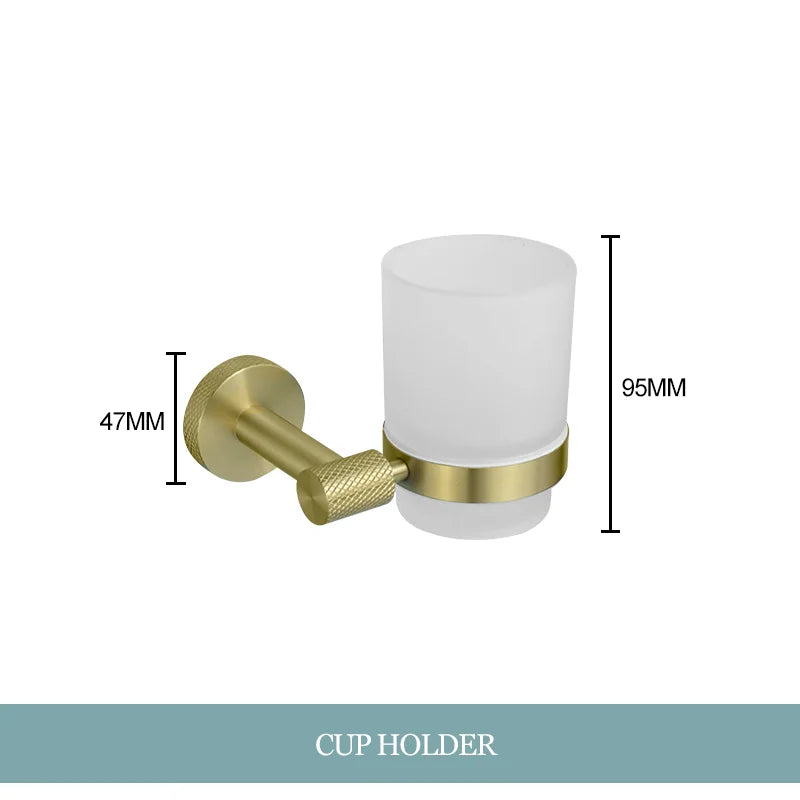 Conjunto de Hardware Decorbites™ Gold: Barra de Toallas, Soporte para Papel Higiénico, Gancho para Batas, Colgador de Tazas