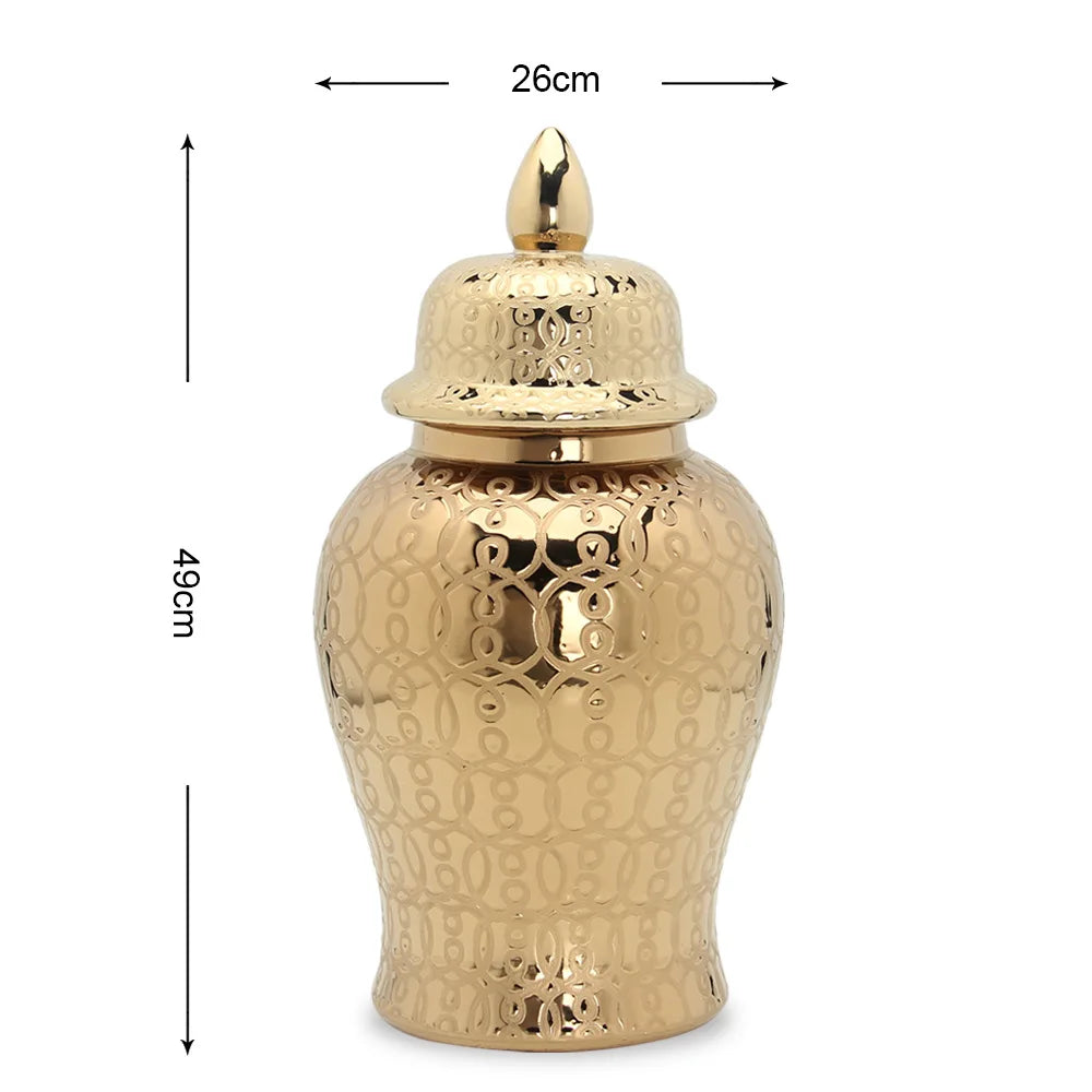 DecorBites™ Golden Pattern Porcelain Ginger Jar Vase with Lid for Home Decor