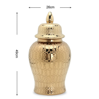 DecorBites™ Golden Pattern Porcelain Ginger Jar Vase with Lid for Home Decor