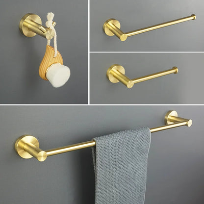 DecorBites™ Brushed Gold Bathroom Accessories Set: Wall Mount Shelf, Toilet Paper Holder, Towel Bar, Robe Hook