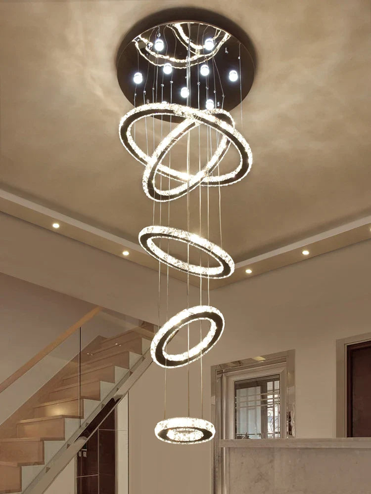 DecorBites™ Crystal Rings Chandelier: Modern Luxury Staircase Lighting Fixture