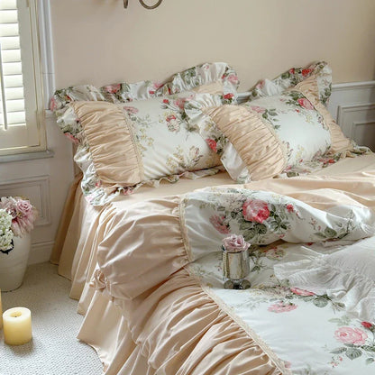 Decobites Korean Princess Style Floral Cotton Bedding Set with Ruffles