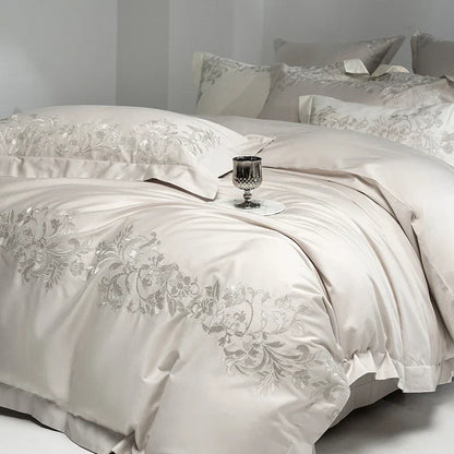 Decobites Luxury Embroidery Bedding Set: Pearl White 1000TC Egyptian Cotton Duvet Cover, Sheets, Pillowcases