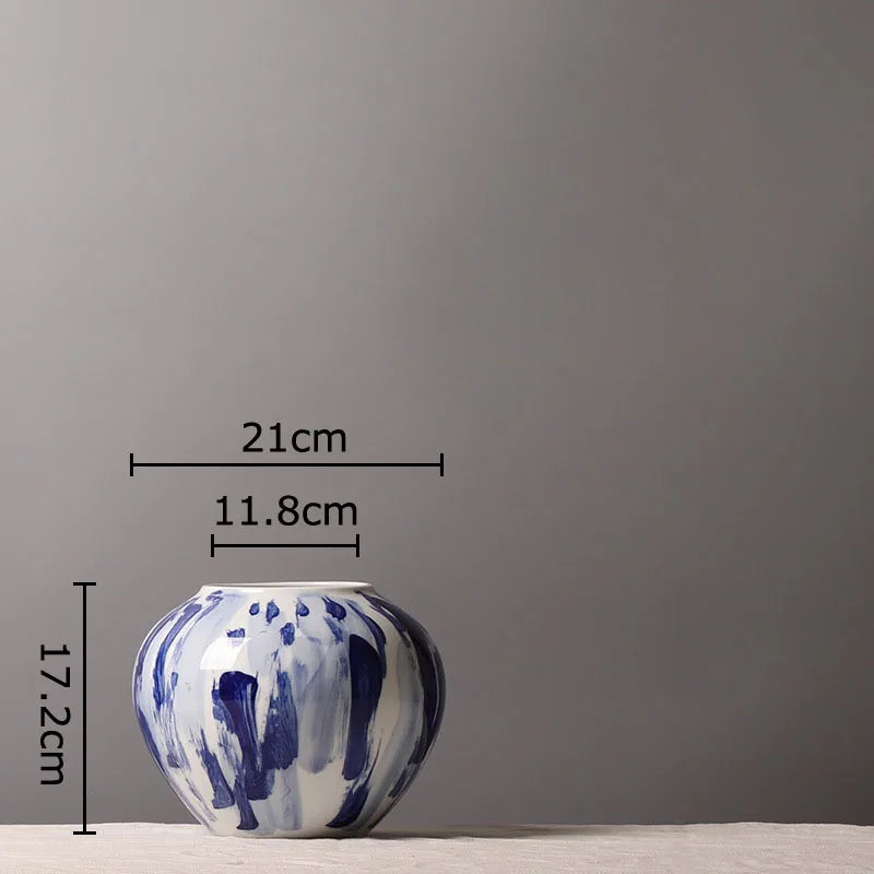 DecorBites™ Blue & White Porcelain Vase: Ink Style Flowers, Aesthetic Room Decor