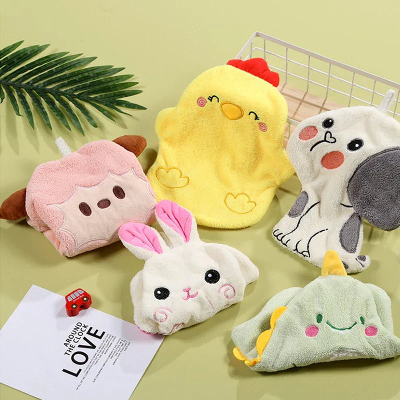 DecorBites™ Cartoon Animal Shape Coral Velvet Hand Towel for Kids, Absorbent Kitchen Bathroom Cleaning Towels